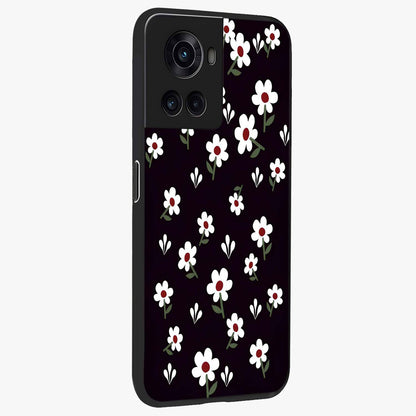 Black Prints Daisy Flower Pattern Glass Case for 1+10R side perspective highlighting delicate daisy details and smooth edges