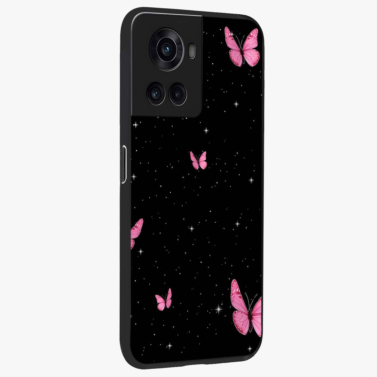 Blinking Butterfly Glass Case for 1+10R displayed upright for graceful aesthetic visibility and premium finish.