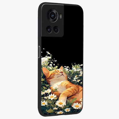 Blissful Bloom Cat Glass Case for 1+10R side perspective highlighting cute feline illustration and premium edges
