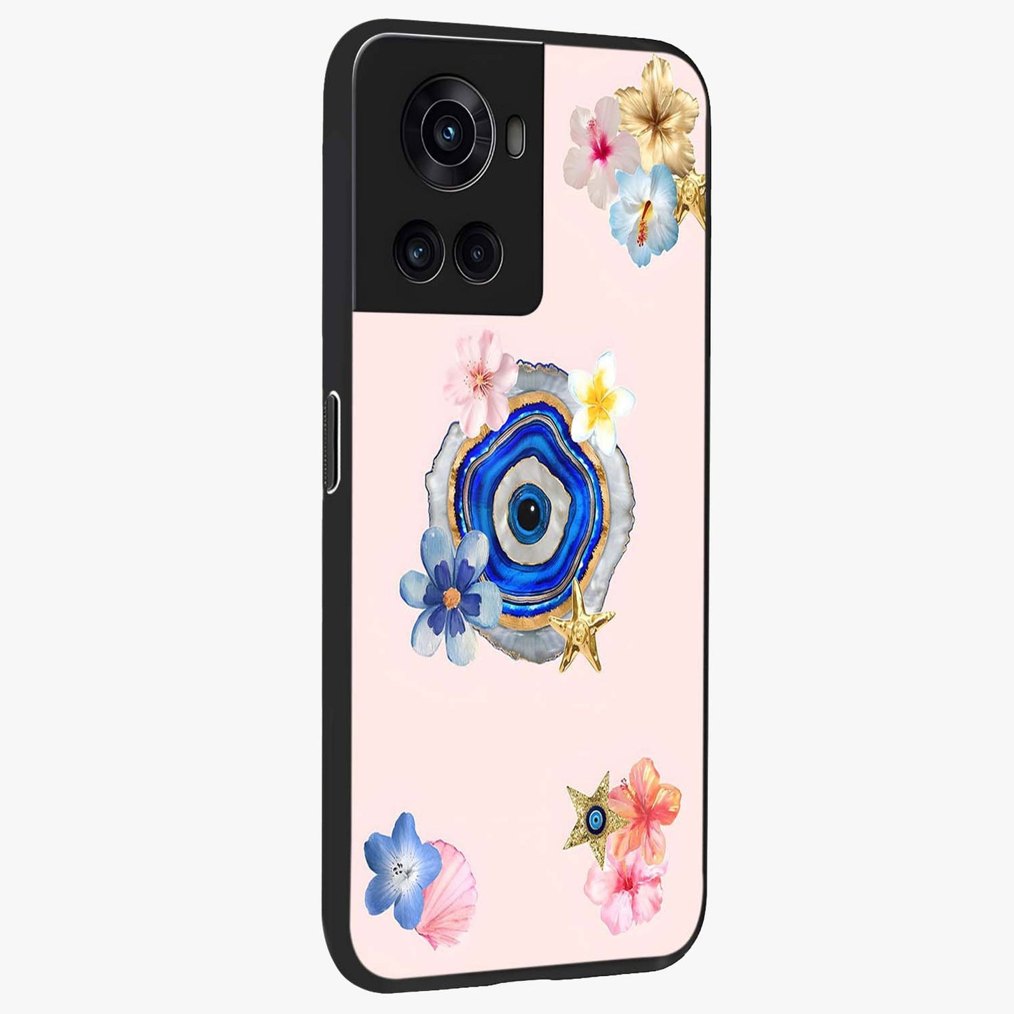 Blossom Evil Charm Glass Case for 1+10R side perspective highlighting delicate blossom detailing and bold symbol contrast