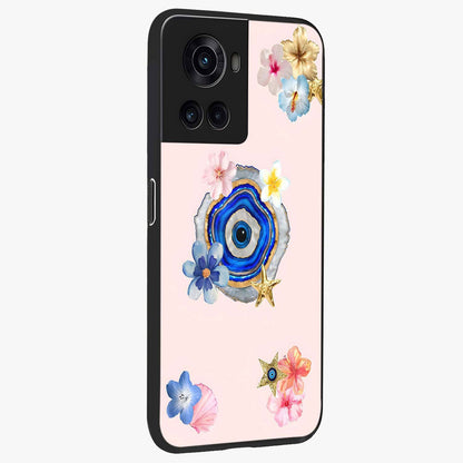 Blossom Evil Charm Glass Case for 1+10R side perspective highlighting delicate blossom detailing and bold symbol contrast
