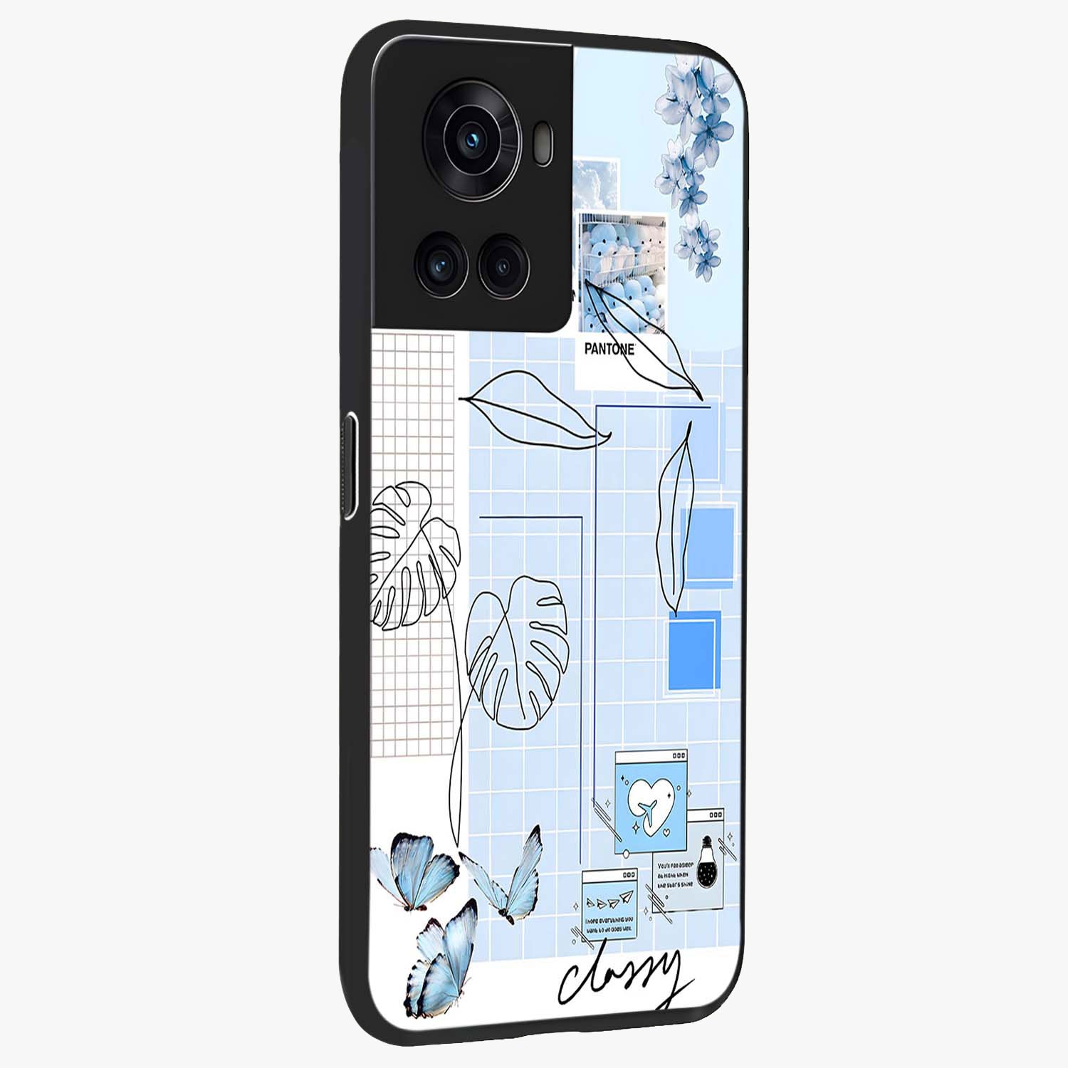 Blue Aesthetic Flower Glass Case for 1+10R side perspective highlighting calming blue tones and premium detailing