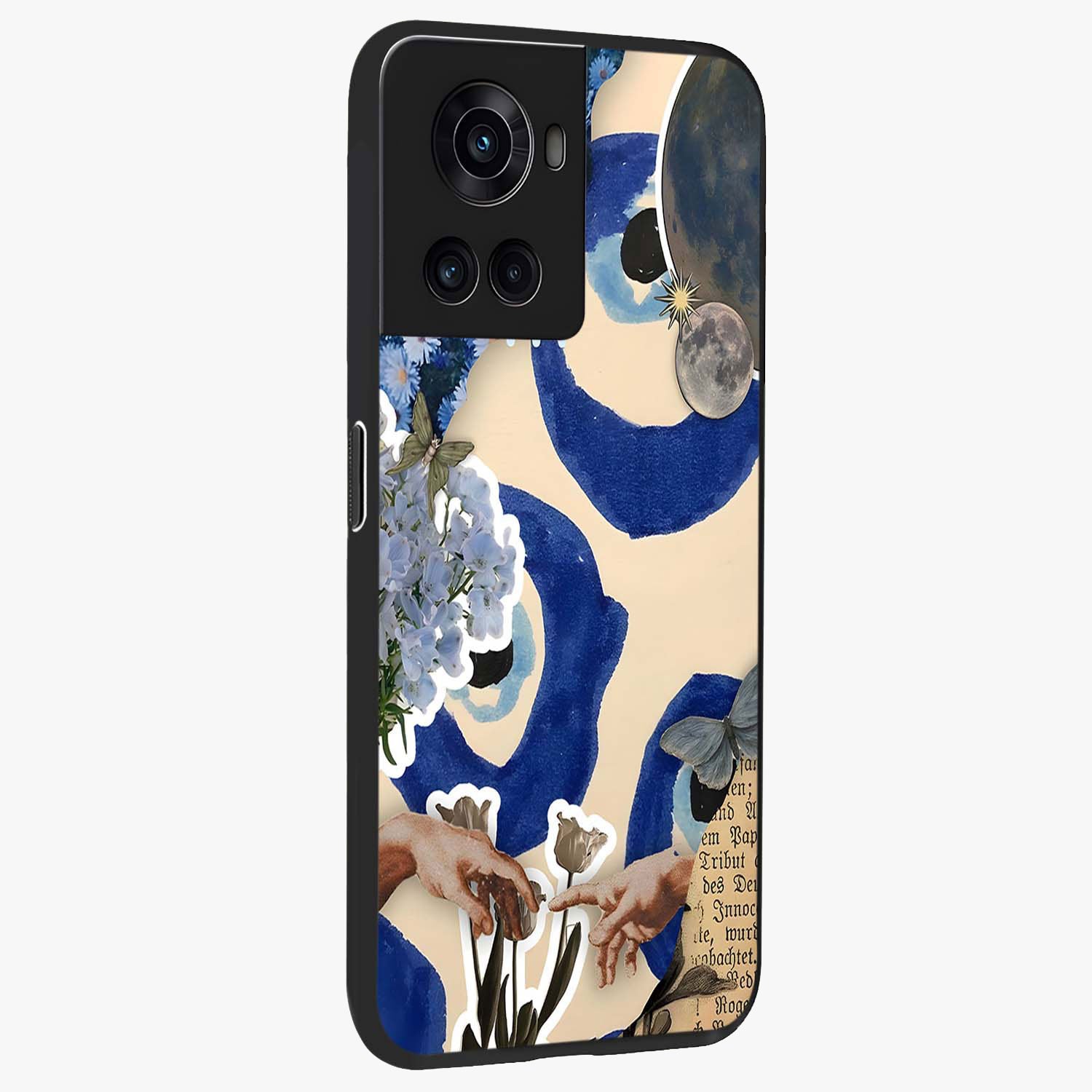 Blue Evil Divine Glass Case for 1+10R side perspective highlighting protective charm detailing and smooth premium edges