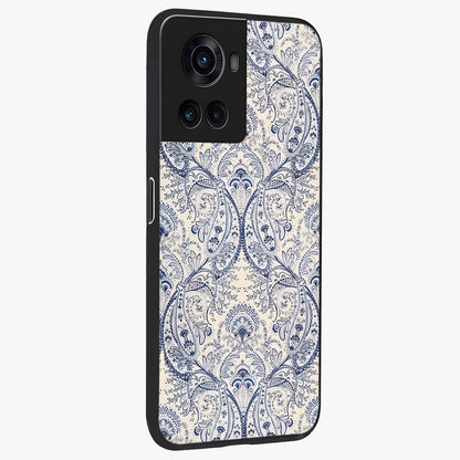 Blue Paisley Bloom Glass Case for 1+10R side perspective highlighting elegant paisley textures and premium build