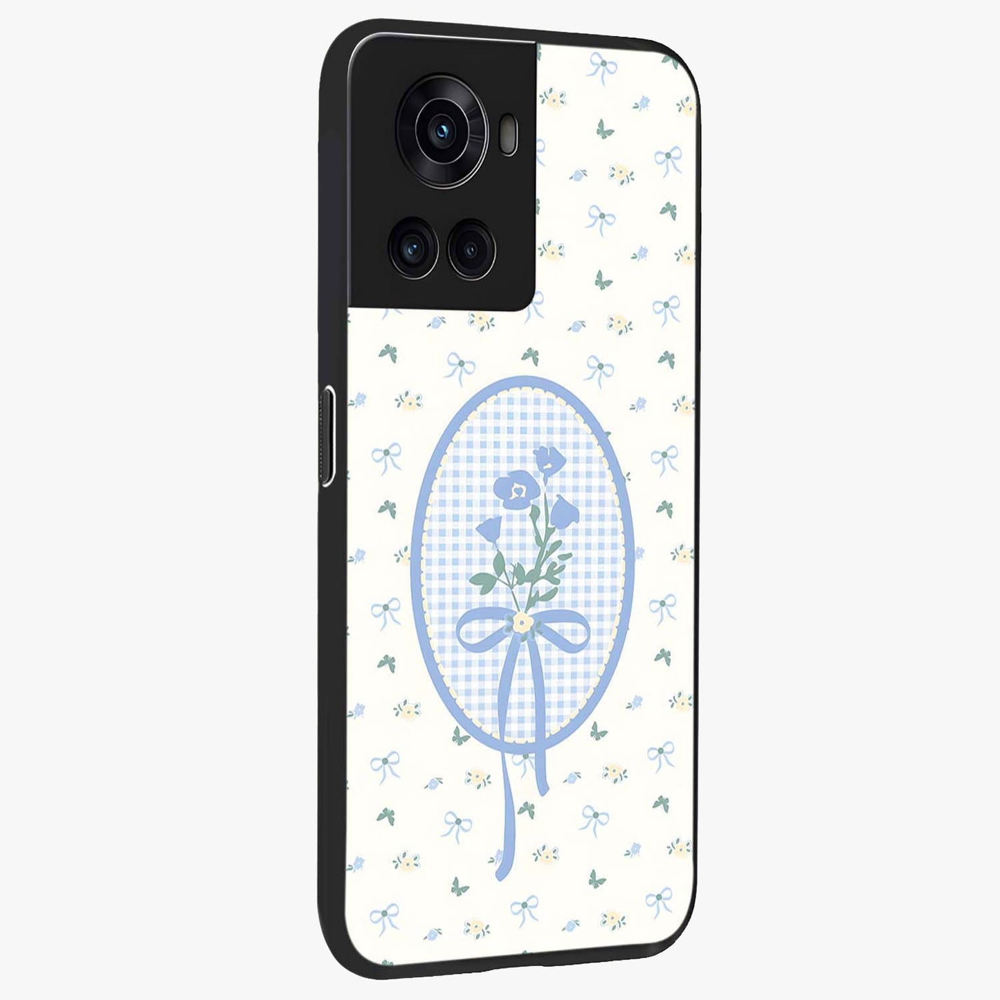 Blue Ribbon Bloom Glass Case for 1+10R side perspective highlighting graceful floral design and premium edges