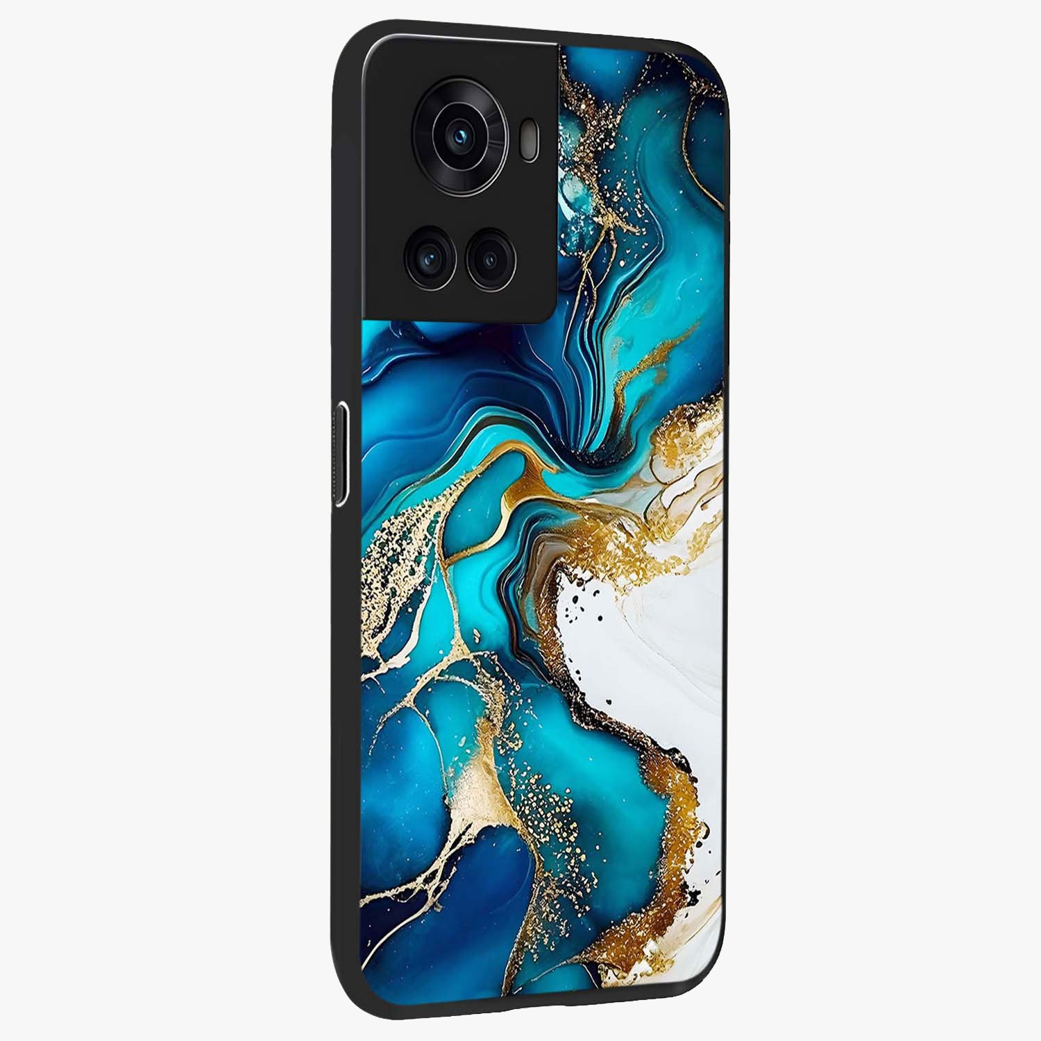 Blue and White Marble With Golden Viens Art Glass Case for 1+10R side perspective highlighting rich marble textures and elegant gold accents