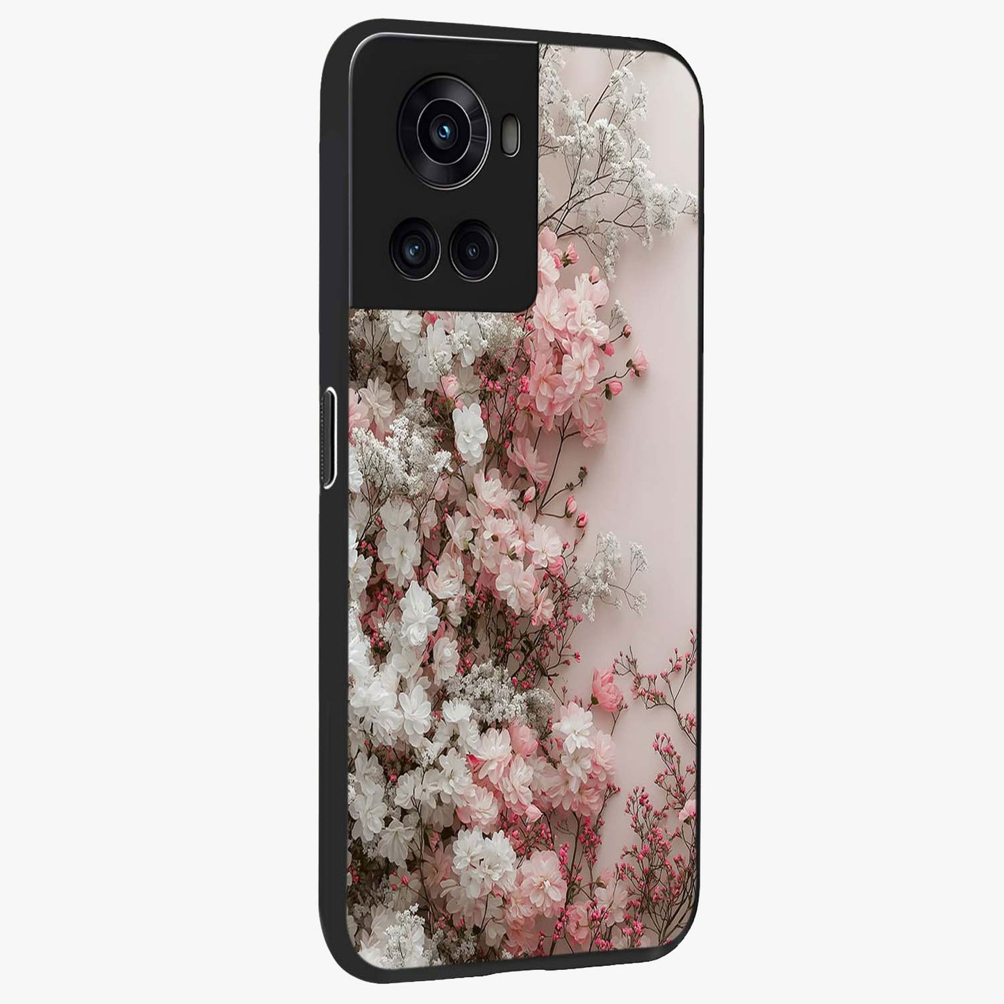 Blush Blossom Cloud Glass Case for 1+10R side perspective highlighting airy blush detailing and premium build