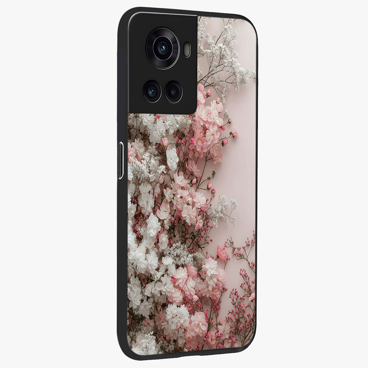 Blush Blossom Cloud Glass Case for 1+10R side perspective highlighting airy blush detailing and premium build