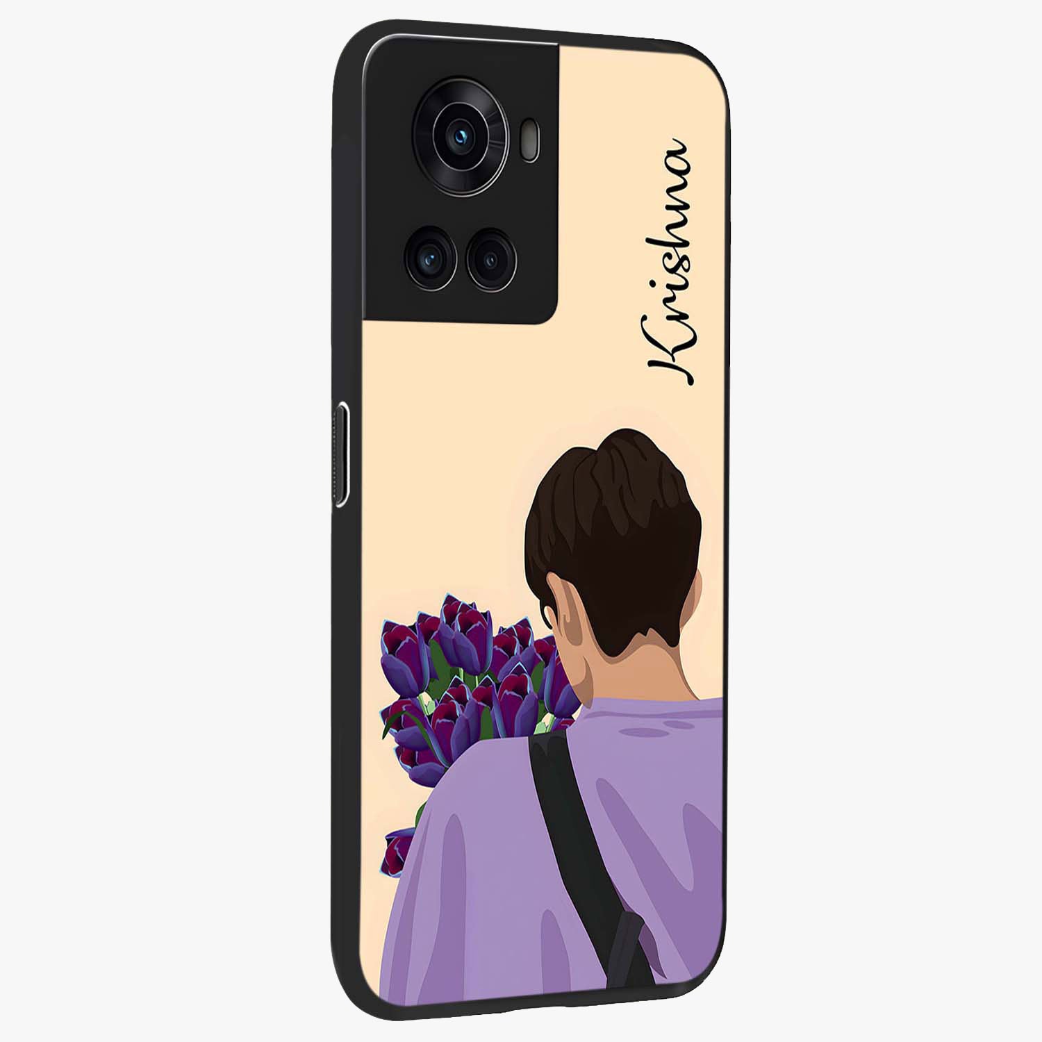 Boy Holding Flowers Glass Case for 1+10R side perspective highlighting delicate flower details and premium build