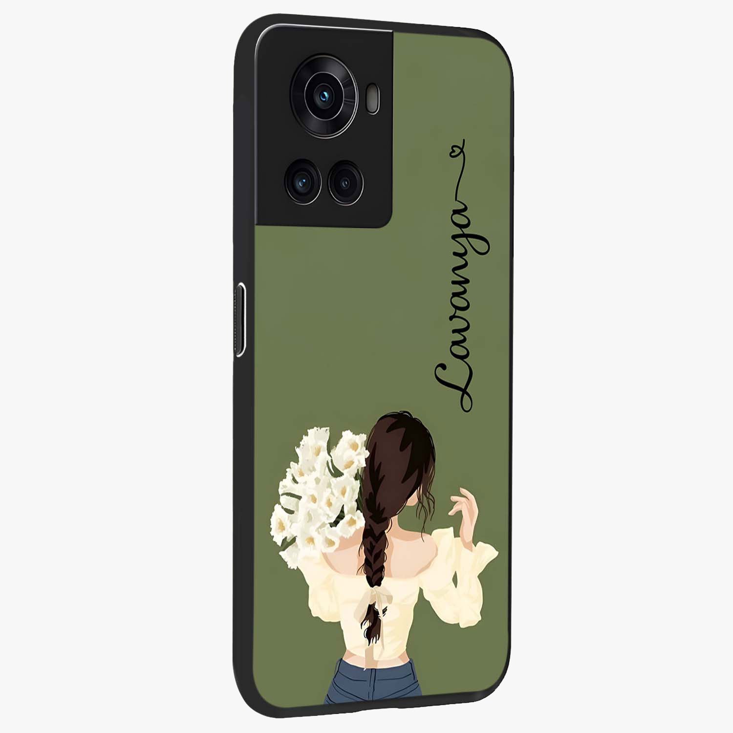 Braided Spring Beauty With Custom Name Glass Case for 1+10R side perspective highlighting custom name typography and smooth edges