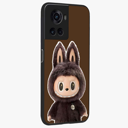 Brown Labubu Design Glass Case for 1+10R side perspective highlighting charming character detailing and smooth edges