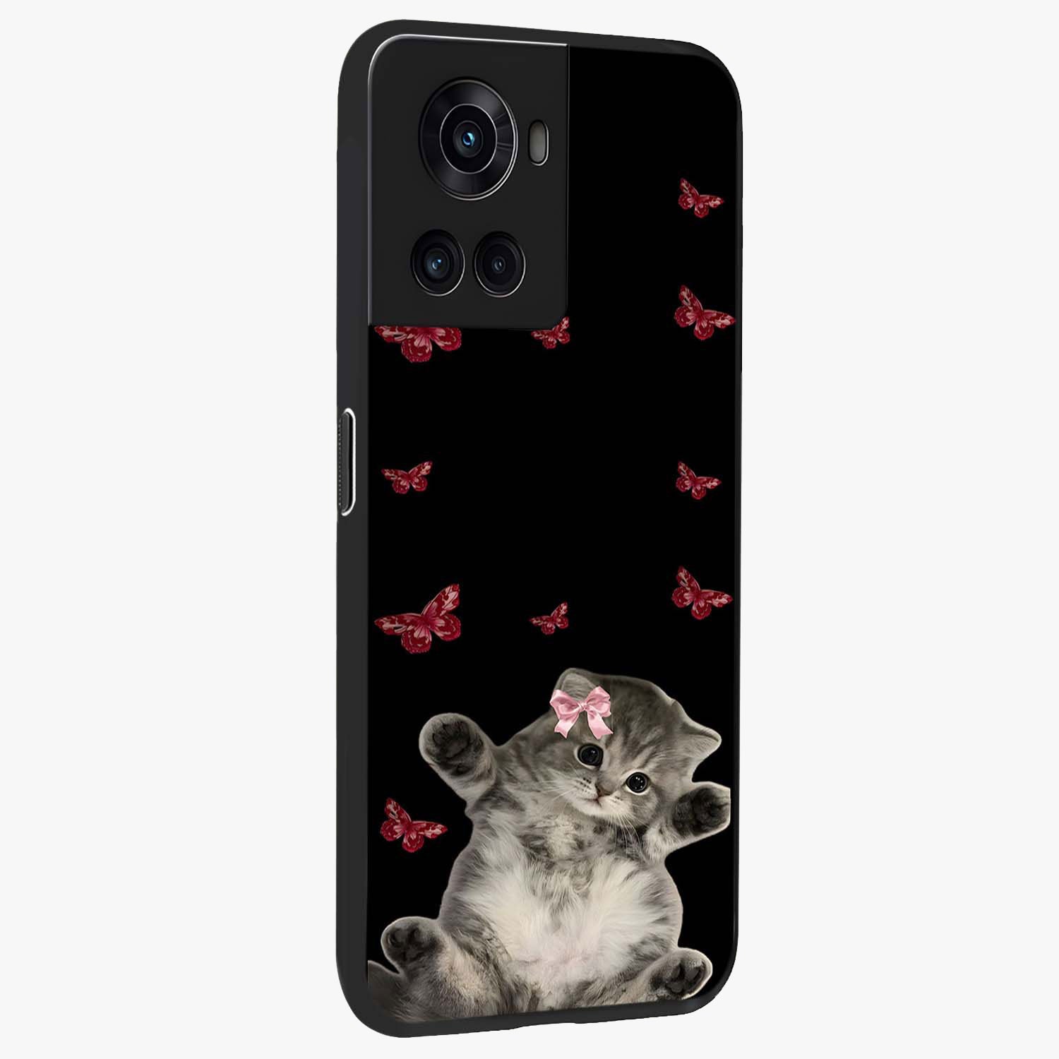 Butterfly Cat Bliss Glass Case for 1+10R side perspective highlighting delicate butterfly detailing and smooth edges