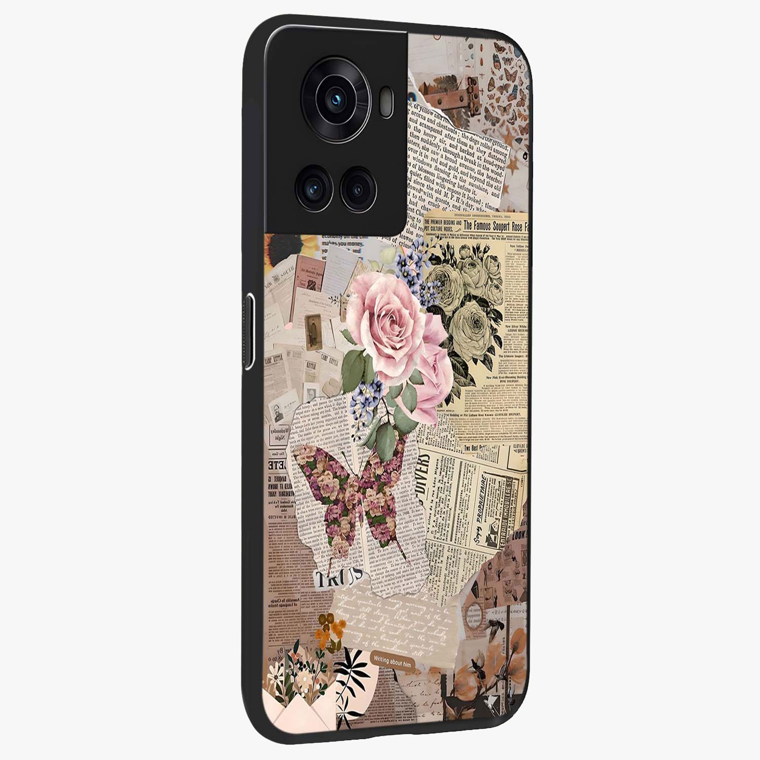 Butterfly News Bloom Glass Case for 1+10R side perspective highlighting intricate bloom details and premium finish