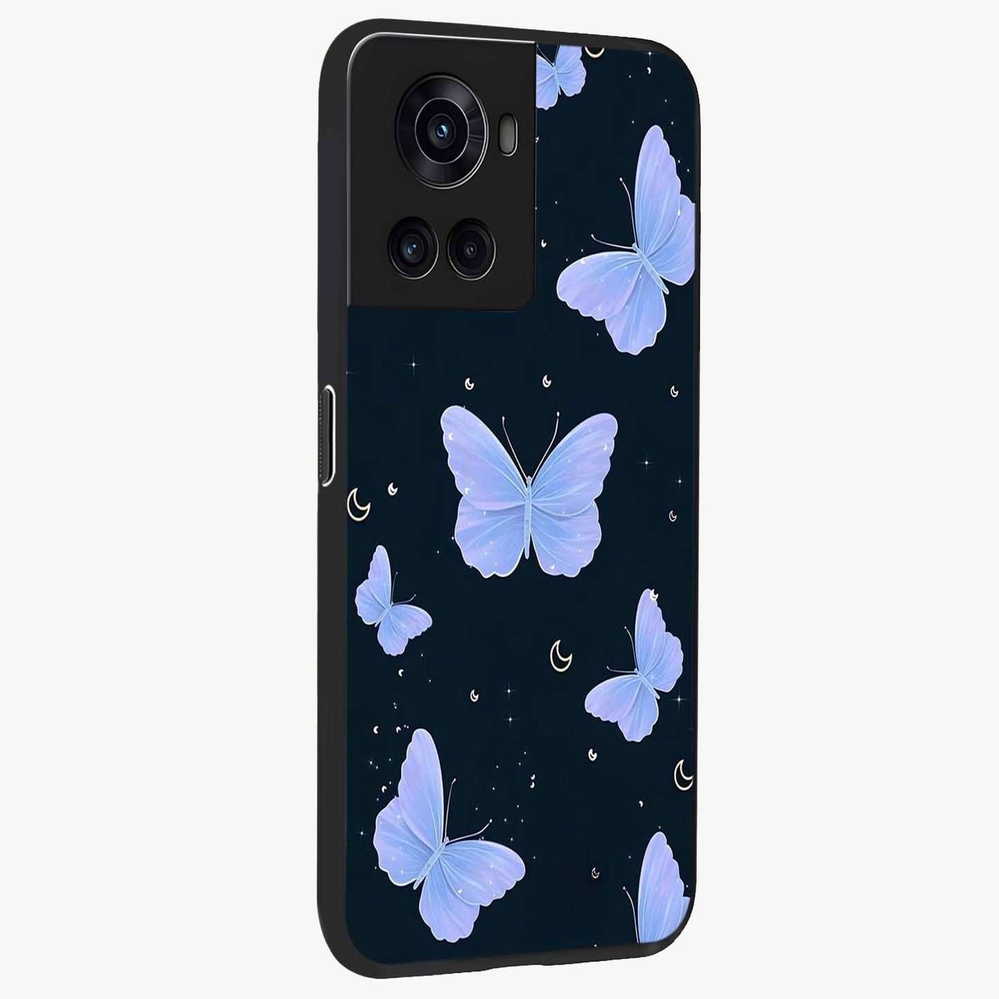 Butterfly With Stars Pattern Glass Case for 1+10R side perspective highlighting glowing star details and premium edges
