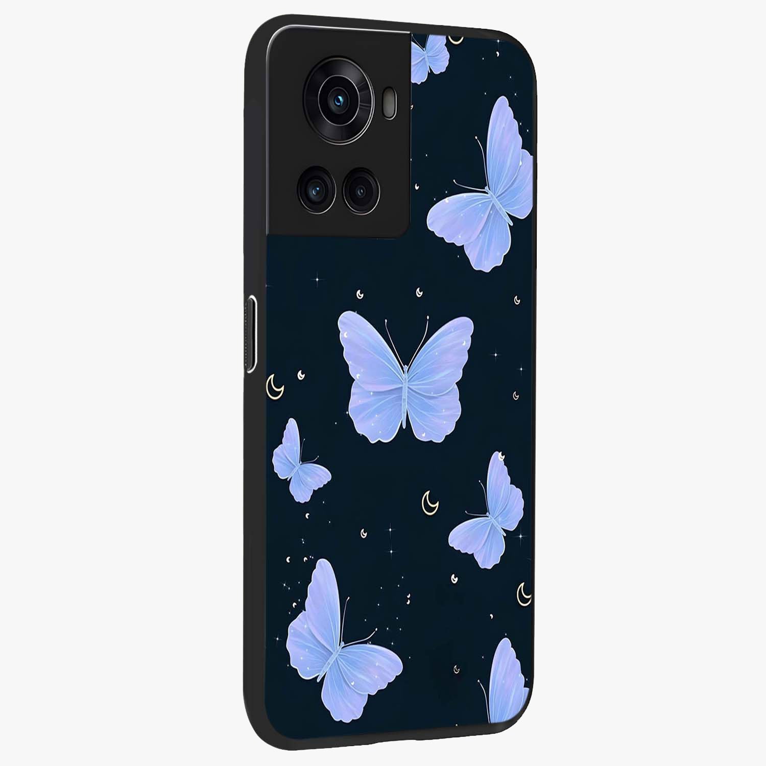 Butterfly With Stars Pattern Glass Case for 1+10R side perspective highlighting glowing star details and premium edges