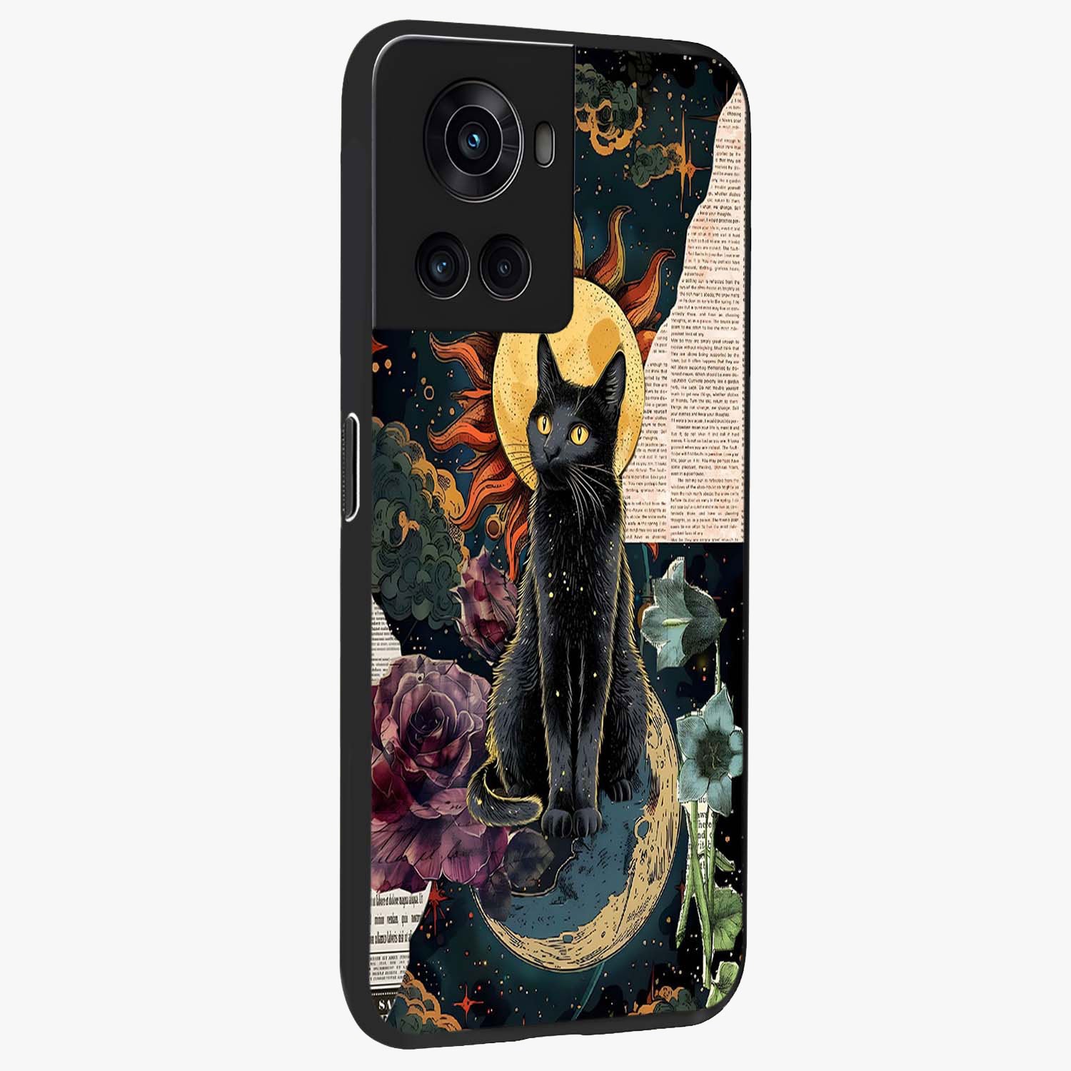 Celestial Black Cat Glass Case for 1+10R side perspective highlighting dark cosmic tones and premium edges