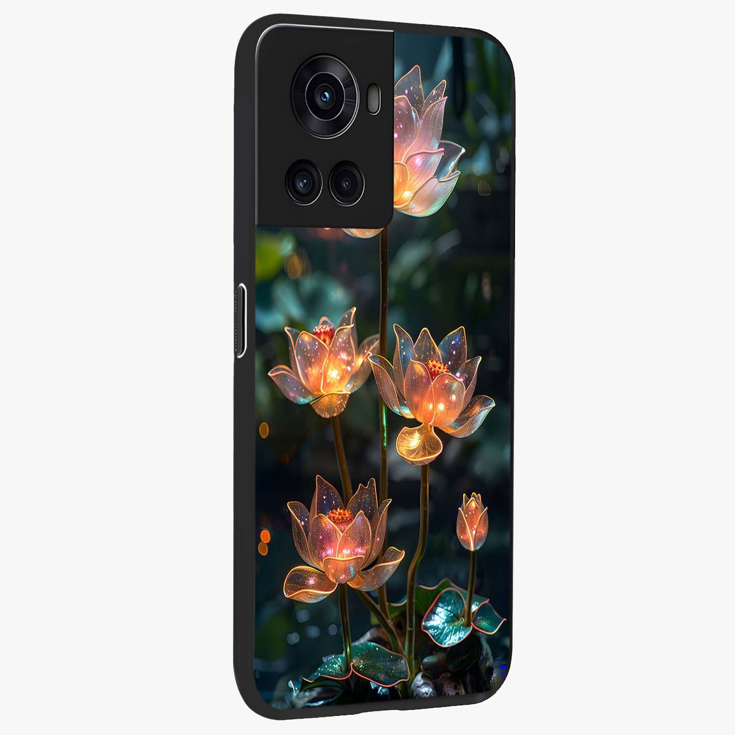 Celestial Lotus Light Glass Case for 1+10R side perspective highlighting delicate lotus detailing and premium finish