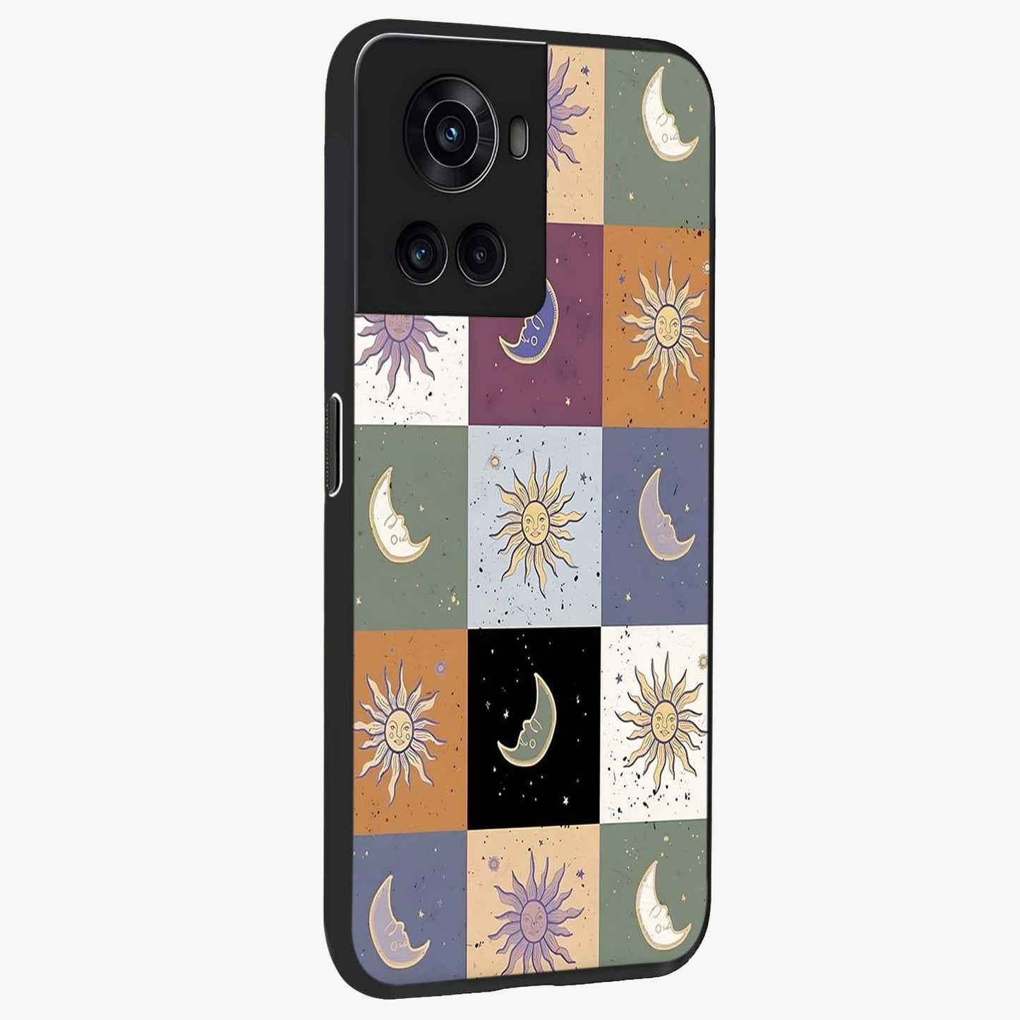 Celestial Patchwork Dreams Glass Case for 1+10R side perspective highlighting vibrant patchwork detailing and sleek edges