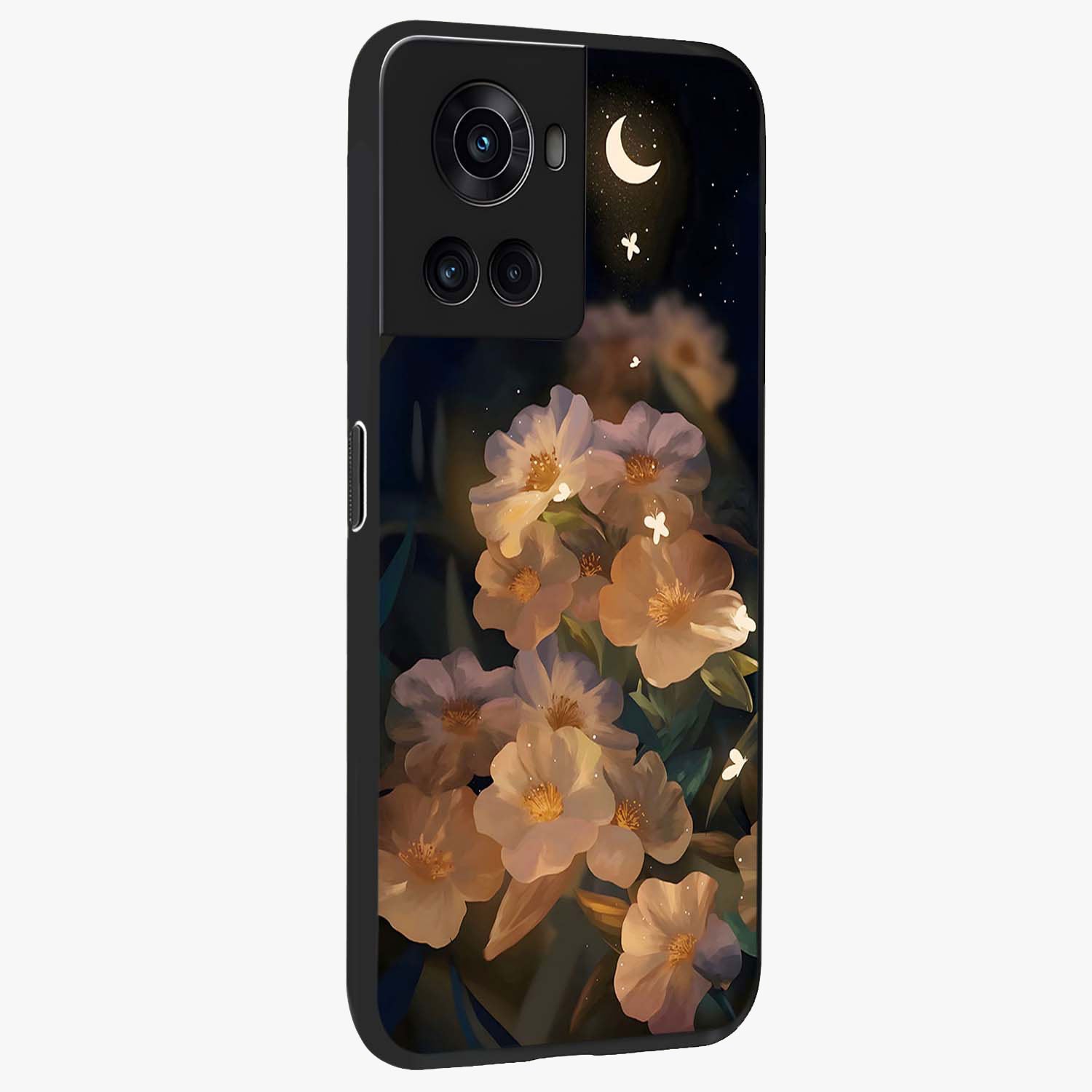 Celestial Petal Night Glass Case for 1+10R side perspective highlighting delicate petal details and premium edges