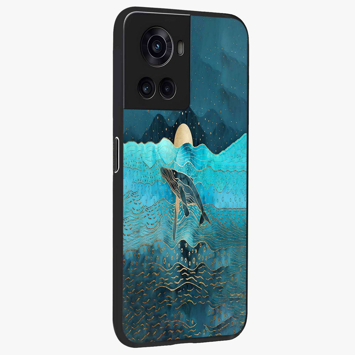 Celestial Whale Voyage Glass Case for 1+10R side perspective highlighting flowing whale illustration and premium detailing