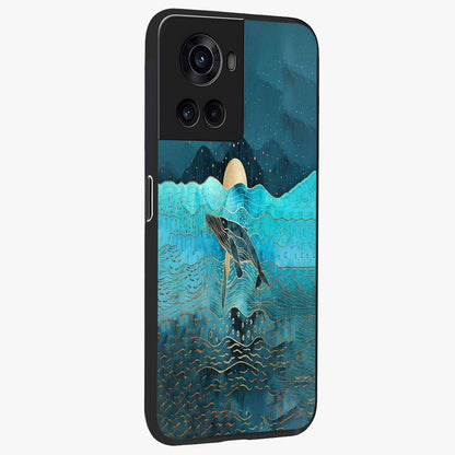 Celestial Whale Voyage Glass Case for 1+10R side perspective highlighting flowing whale illustration and premium detailing