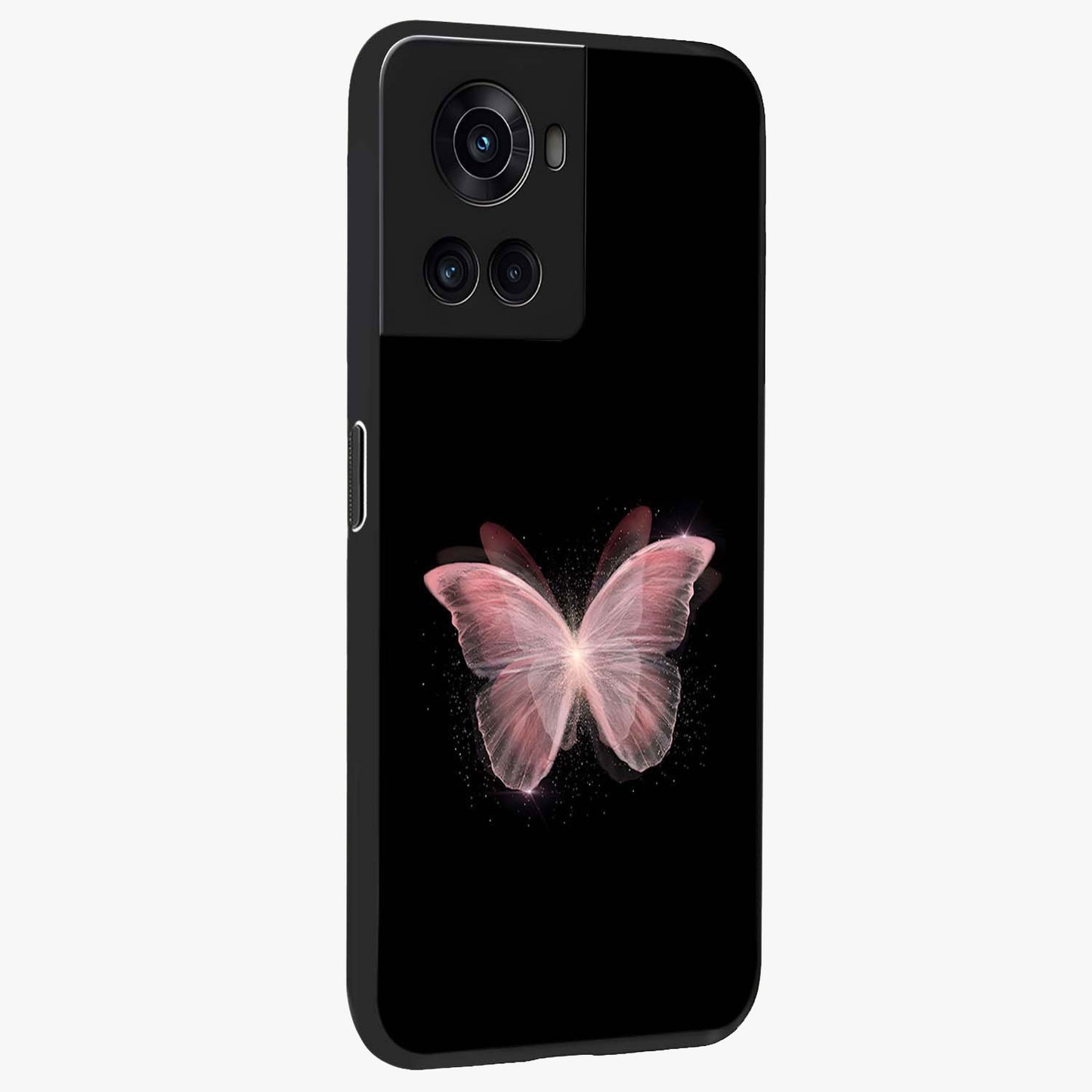 Celestial Wings Butterfly Glass Case for 1+10R side perspective highlighting intricate butterfly textures and smooth edges