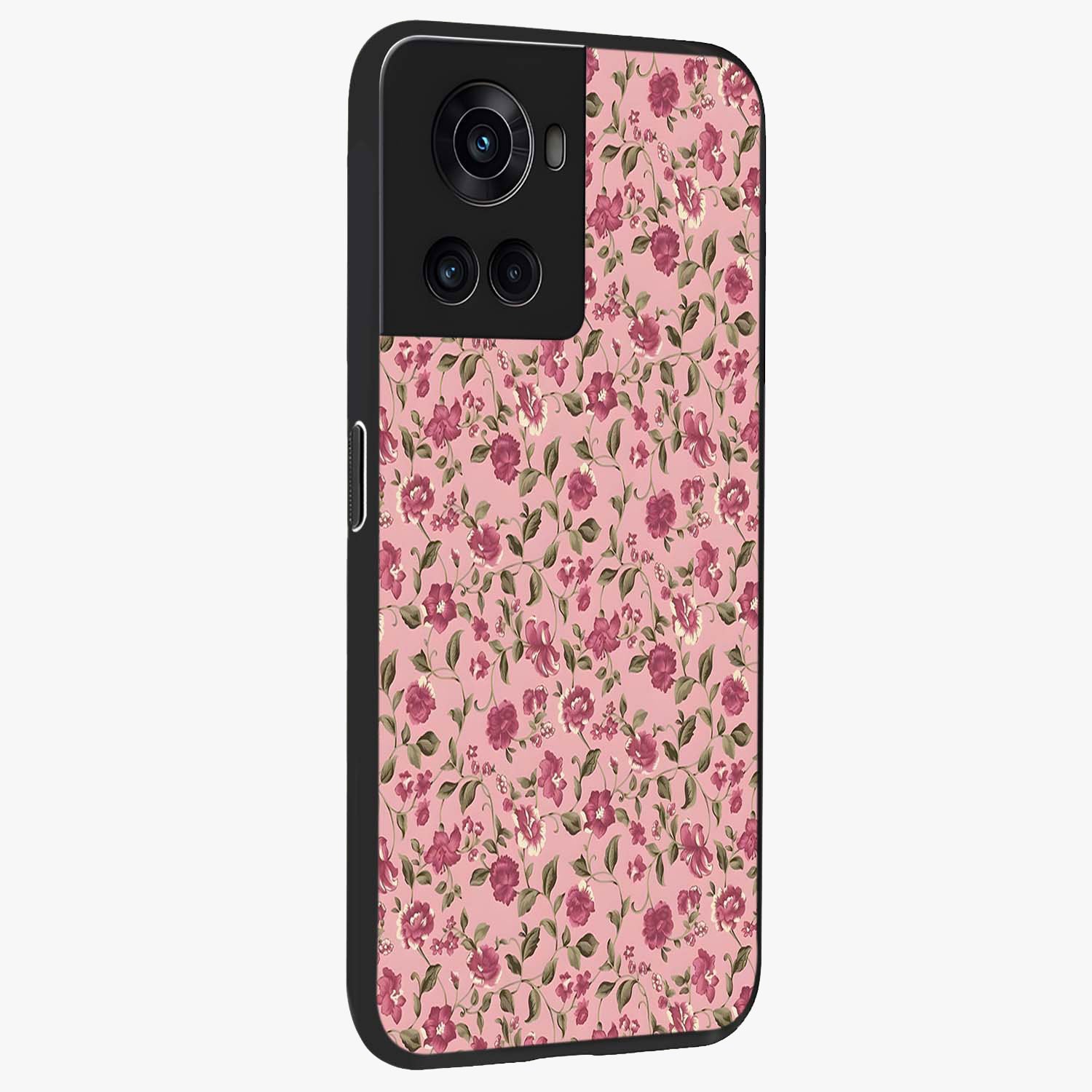 Charming Pink Floral Glass Case for 1+10R side perspective highlighting subtle floral textures and smooth edges