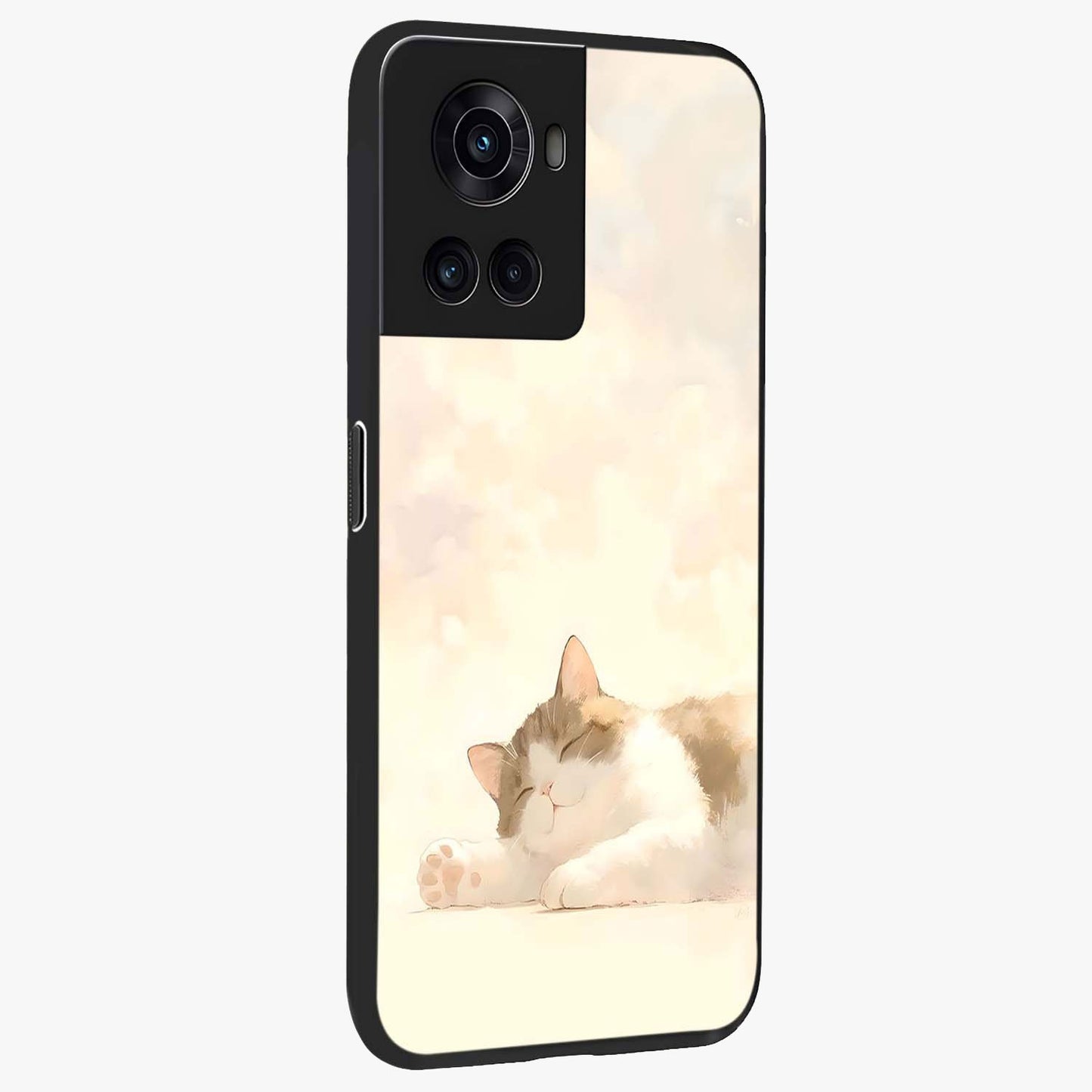 Cloud Nap Cat Glass Case for 1+10R side perspective highlighting charming feline details and premium edge finish