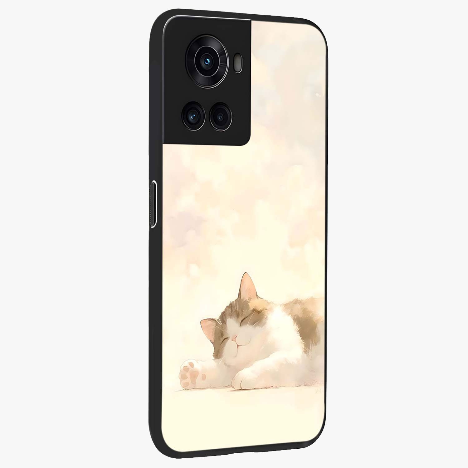 Cloud Nap Cat Glass Case for 1+10R side perspective highlighting charming feline details and premium edge finish