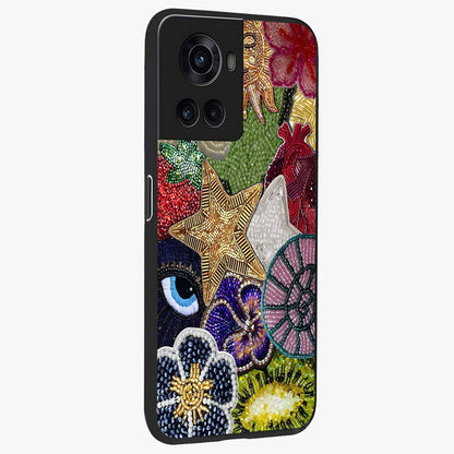 Cosmic Charm Shine Glass Case for 1+10R side perspective highlighting luminous detailing and sleek edge design