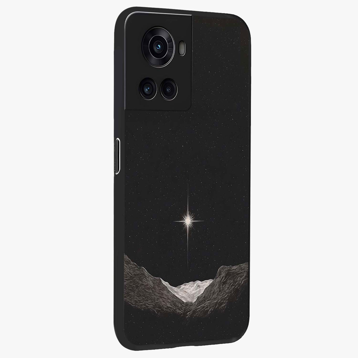 Cosmic Dream Night Glass Case for 1+10R side perspective highlighting vibrant star detailing and premium build
