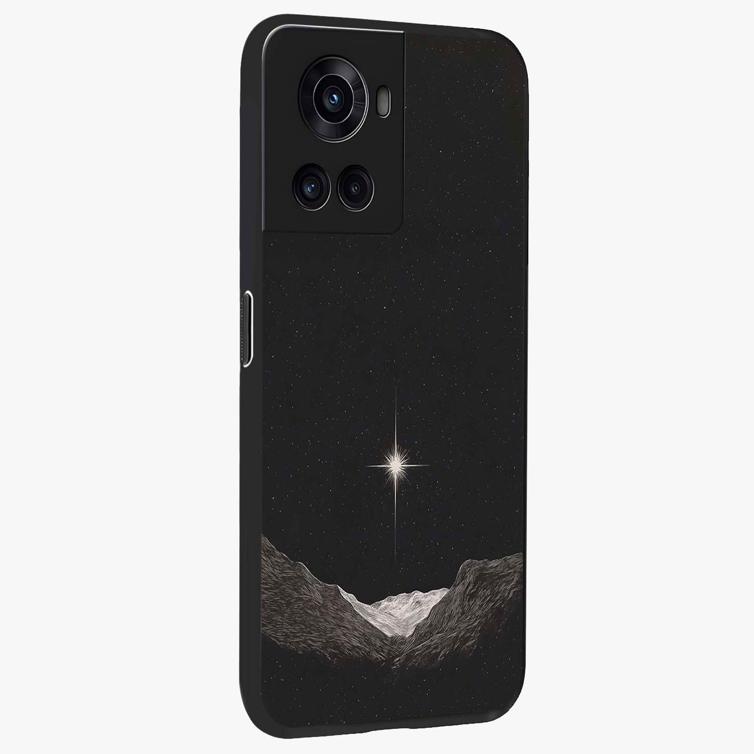 Cosmic Dream Night Glass Case for 1+10R side perspective highlighting vibrant star detailing and premium build