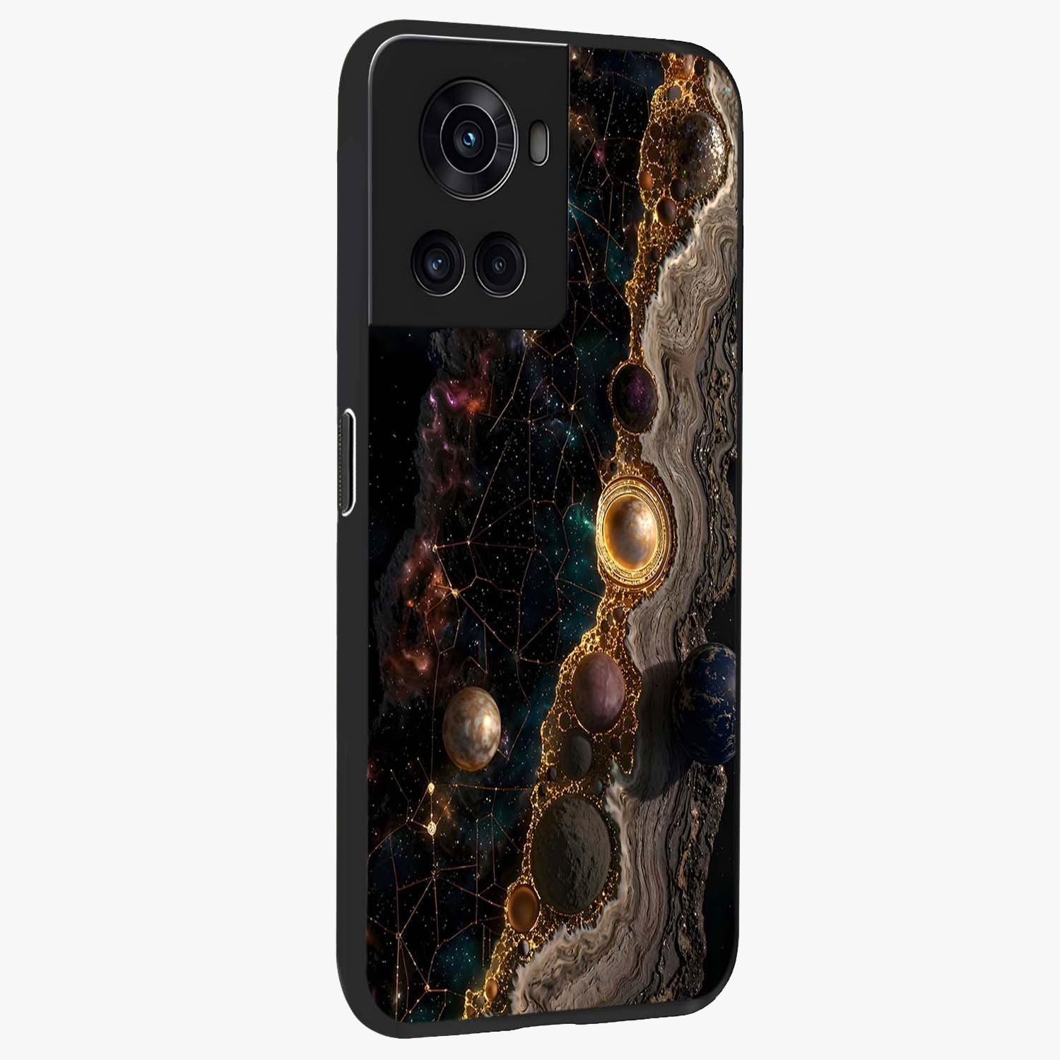 Cosmic Gold Path Glass Case for 1+10R side perspective highlighting premium metallic detailing and sleek edges