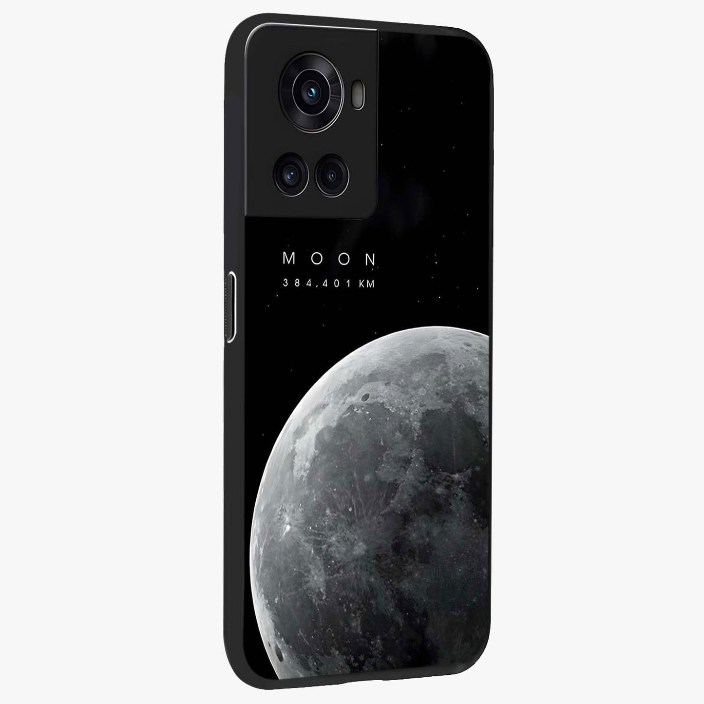Cosmic Moon Glow Glass Case for 1+10R side perspective highlighting radiant moon detailing and smooth premium finish