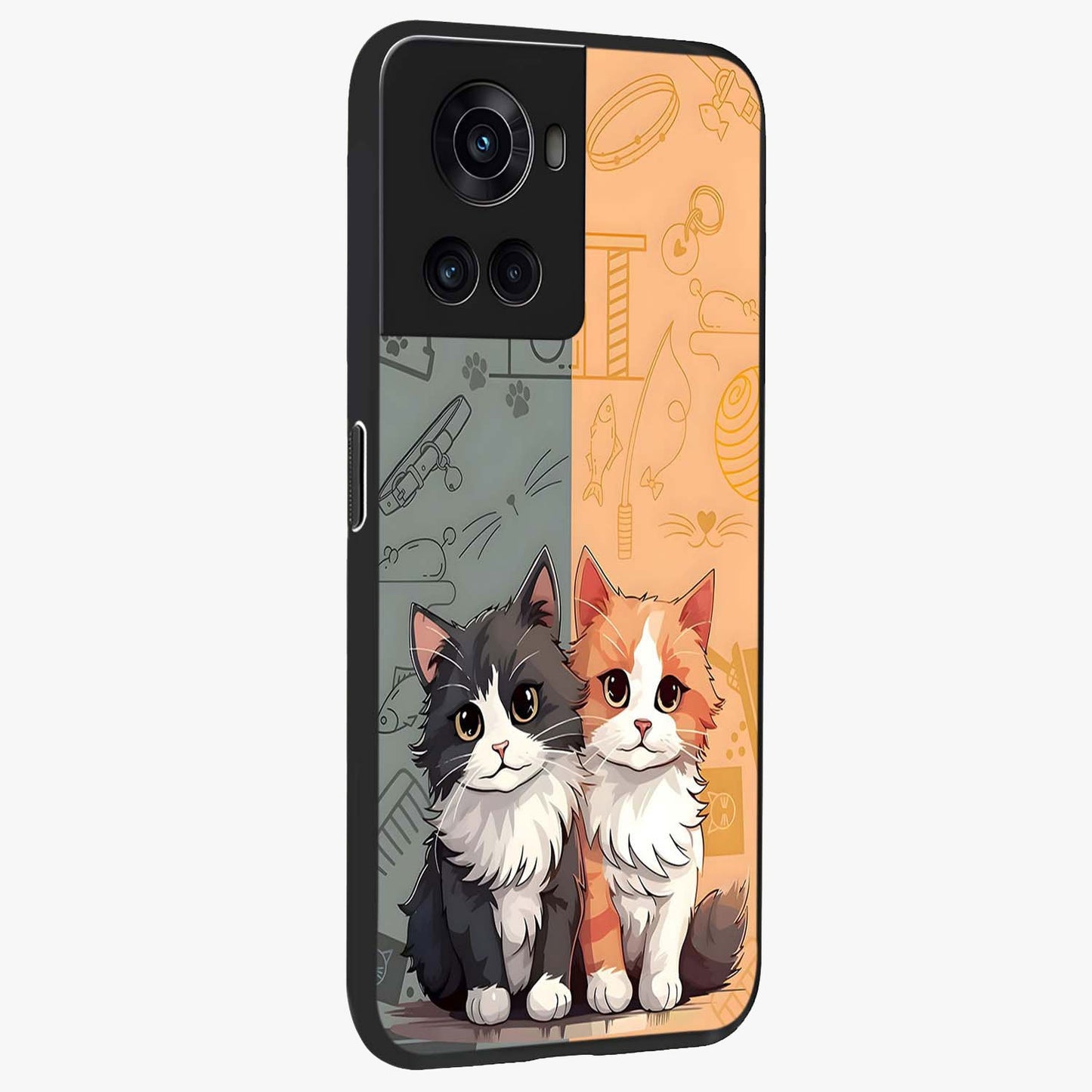 Cozy Cat Duo Glass Case for 1+10R side perspective highlighting playful cat detailing and sleek edges