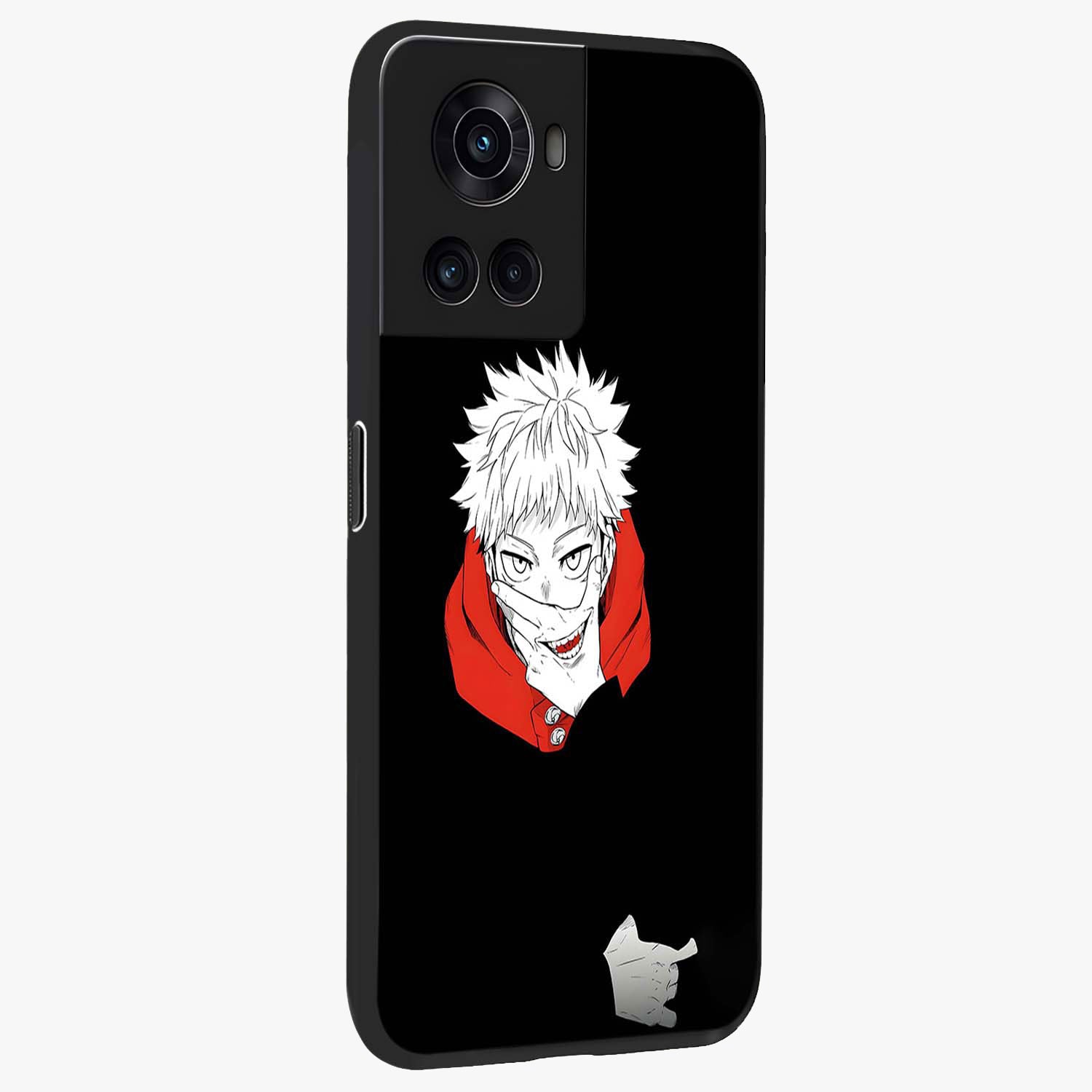 Crimson Chaos Smile Glass Case for 1+10R side perspective highlighting intense color contrast and sleek edges