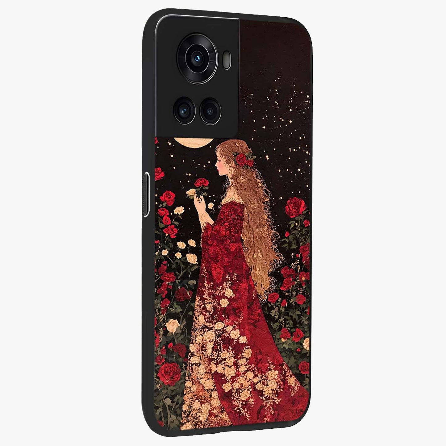 Crimson Dreams Glass Case for 1+10R side perspective highlighting vibrant tones and premium edge detailing