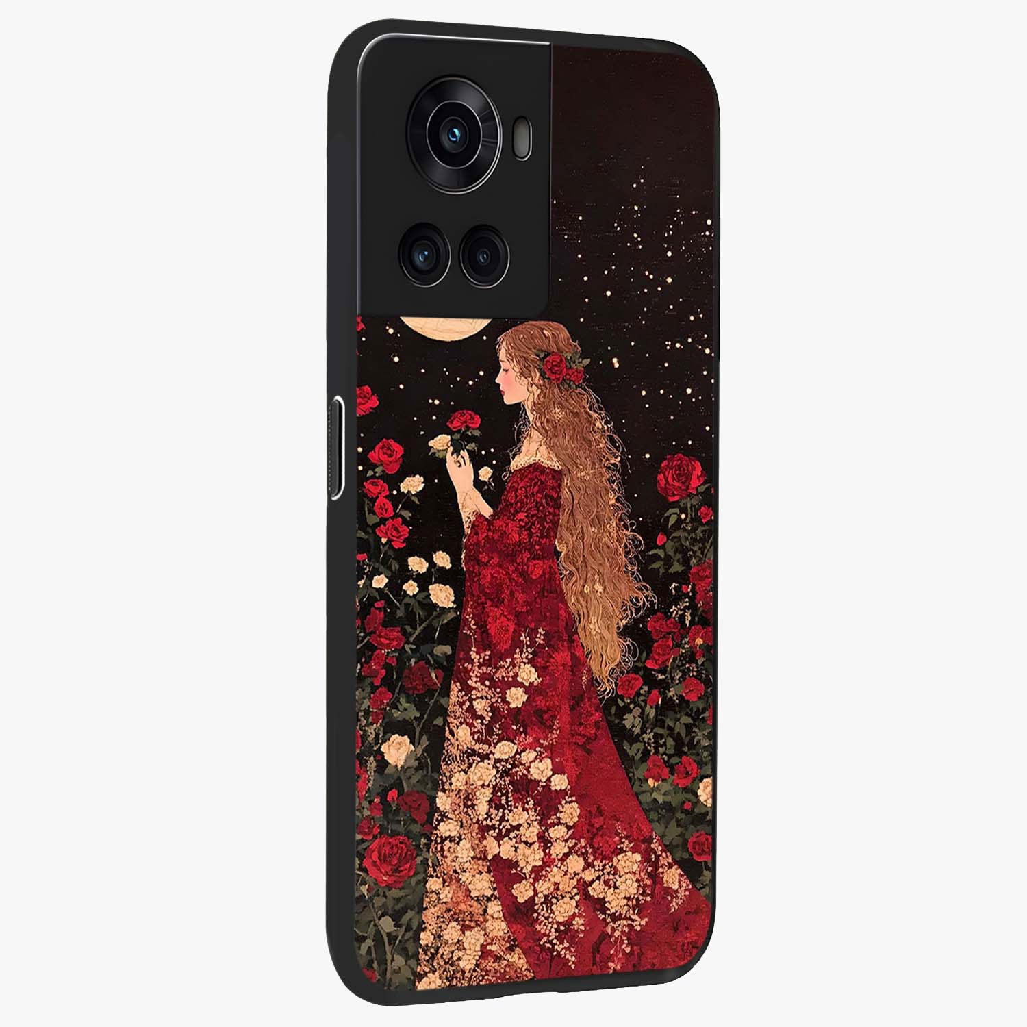 Crimson Dreams Glass Case for 1+10R side perspective highlighting vibrant tones and premium edge detailing