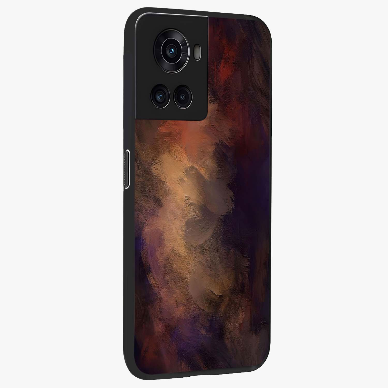 Crimson Dusk Whirl Glass Case for 1+10R side perspective highlighting fluid red textures and sleek build