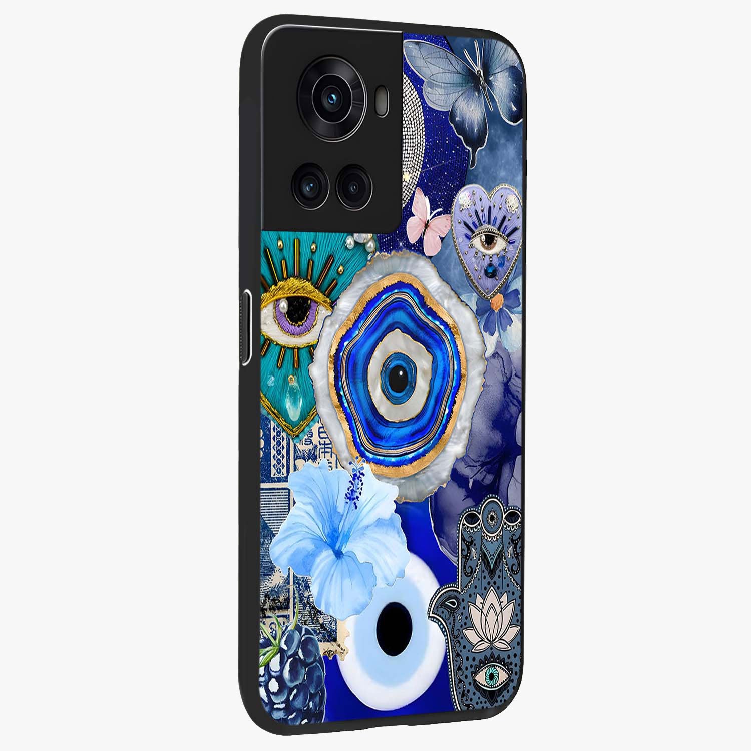 Crimson Evil Eye Charm Glass Case for 1+10R side perspective highlighting intricate charm design and smooth edges