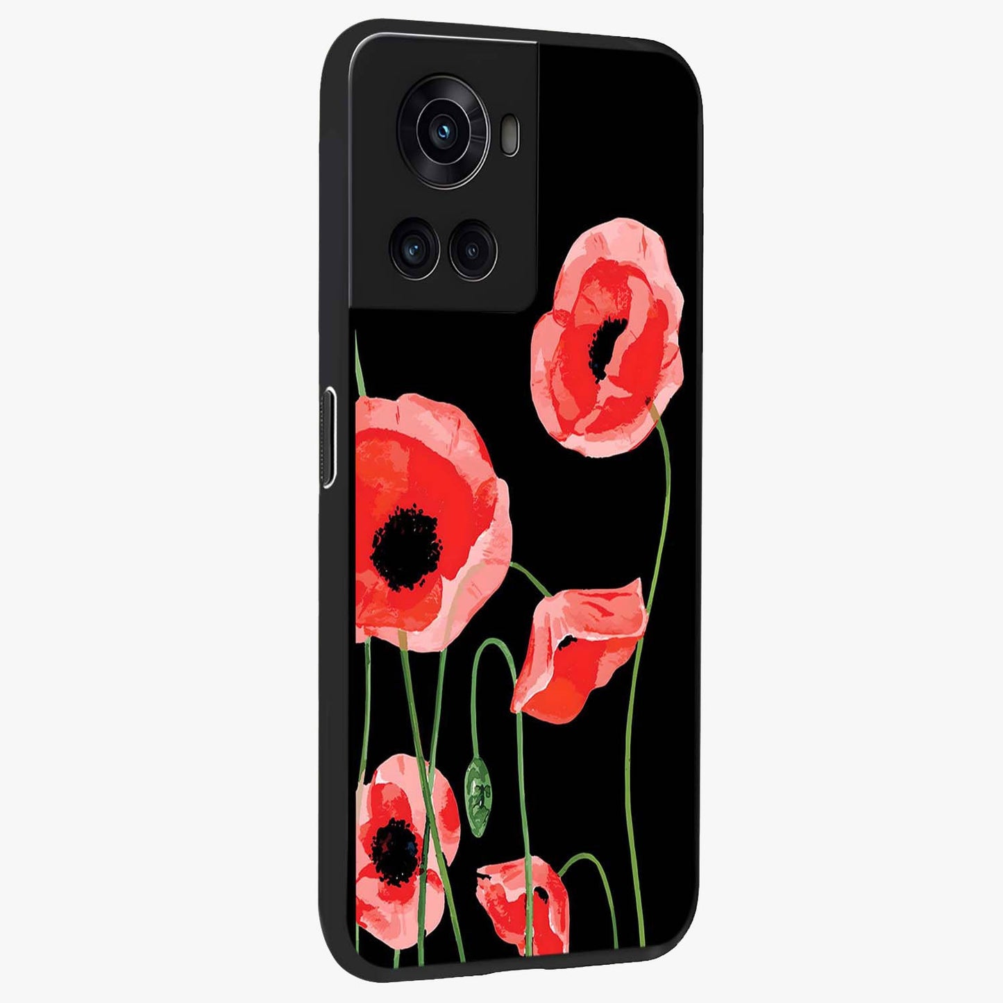 Crimson Garden Dream Glass Case for 1+10R side perspective highlighting elegant floral textures and premium build