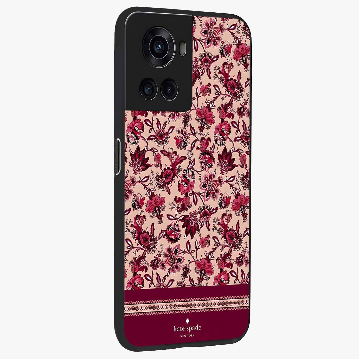 Crimson Rose Charm Glass Case for 1+10R side perspective highlighting delicate rose textures and smooth edges