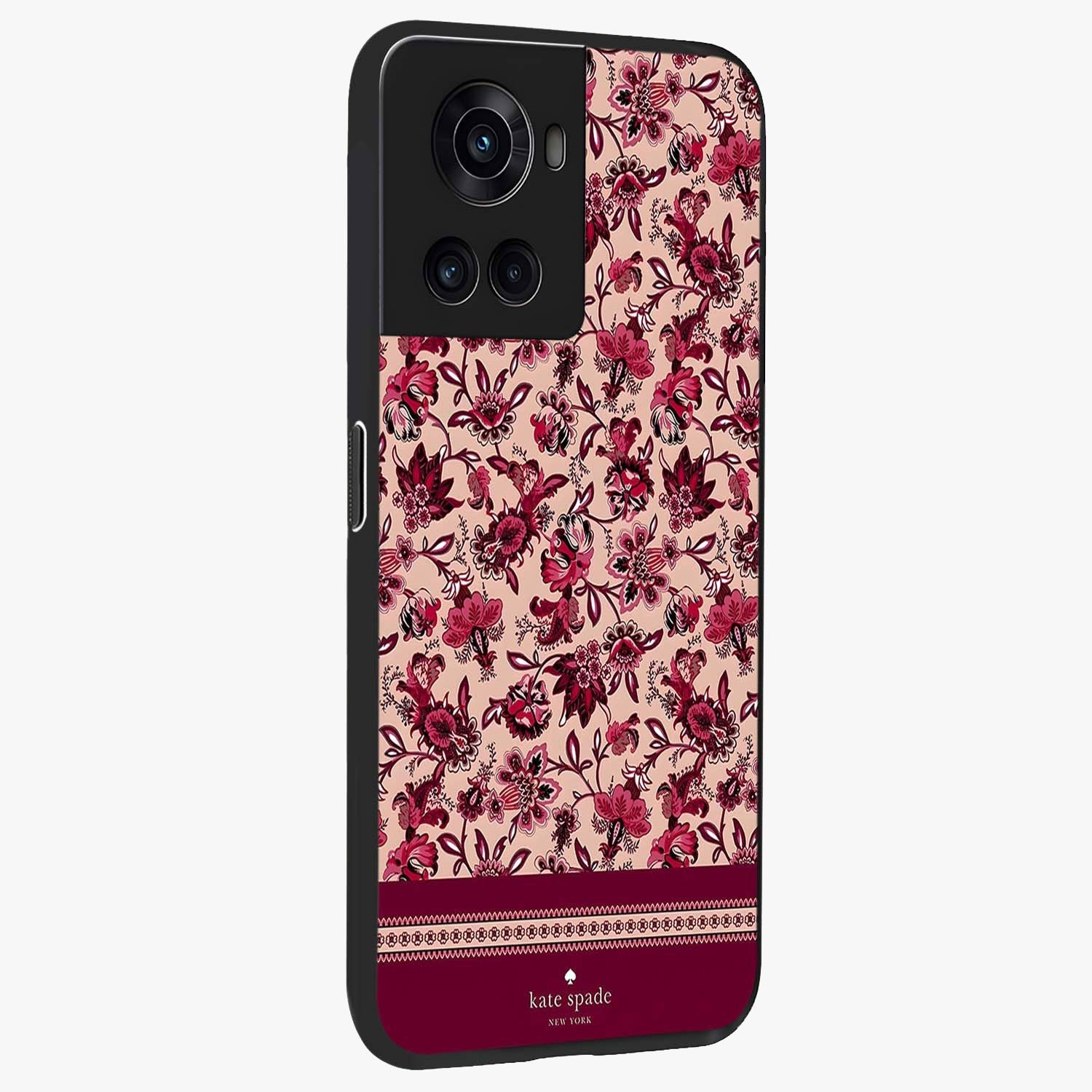 Crimson Rose Charm Glass Case for 1+10R side perspective highlighting delicate rose textures and smooth edges