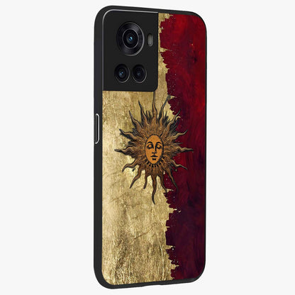 Crimson Sun Majesty Glass Case for 1+10R side perspective highlighting vibrant sun detailing and smooth edges