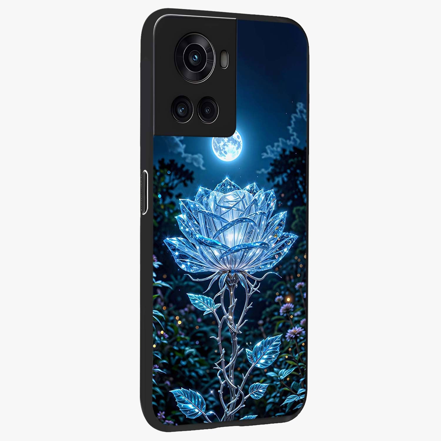 Crystal Moon Lotus Glass Case for 1+10R side perspective highlighting soft celestial tones and premium edge finish
