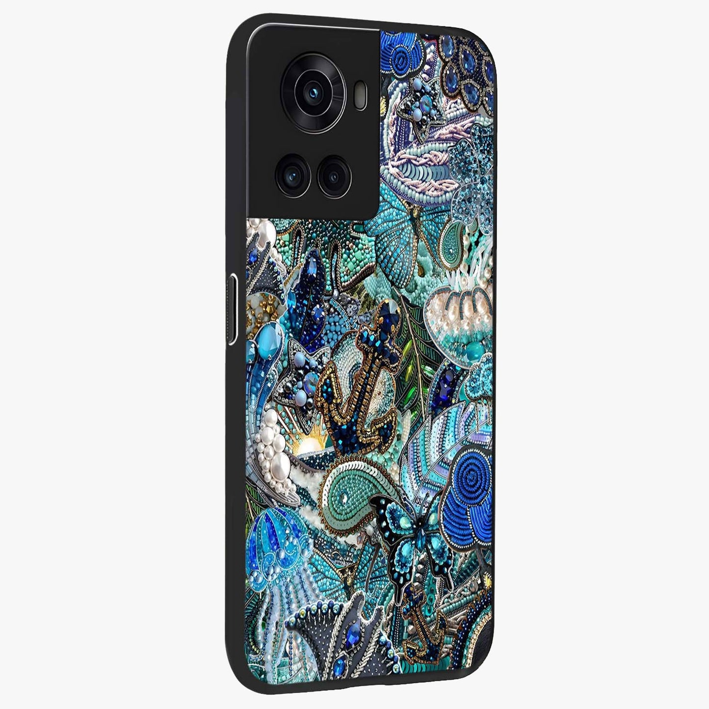 Crystal Ocean Magic Glass Case for 1+10R side perspective highlighting wave textures and smooth premium build