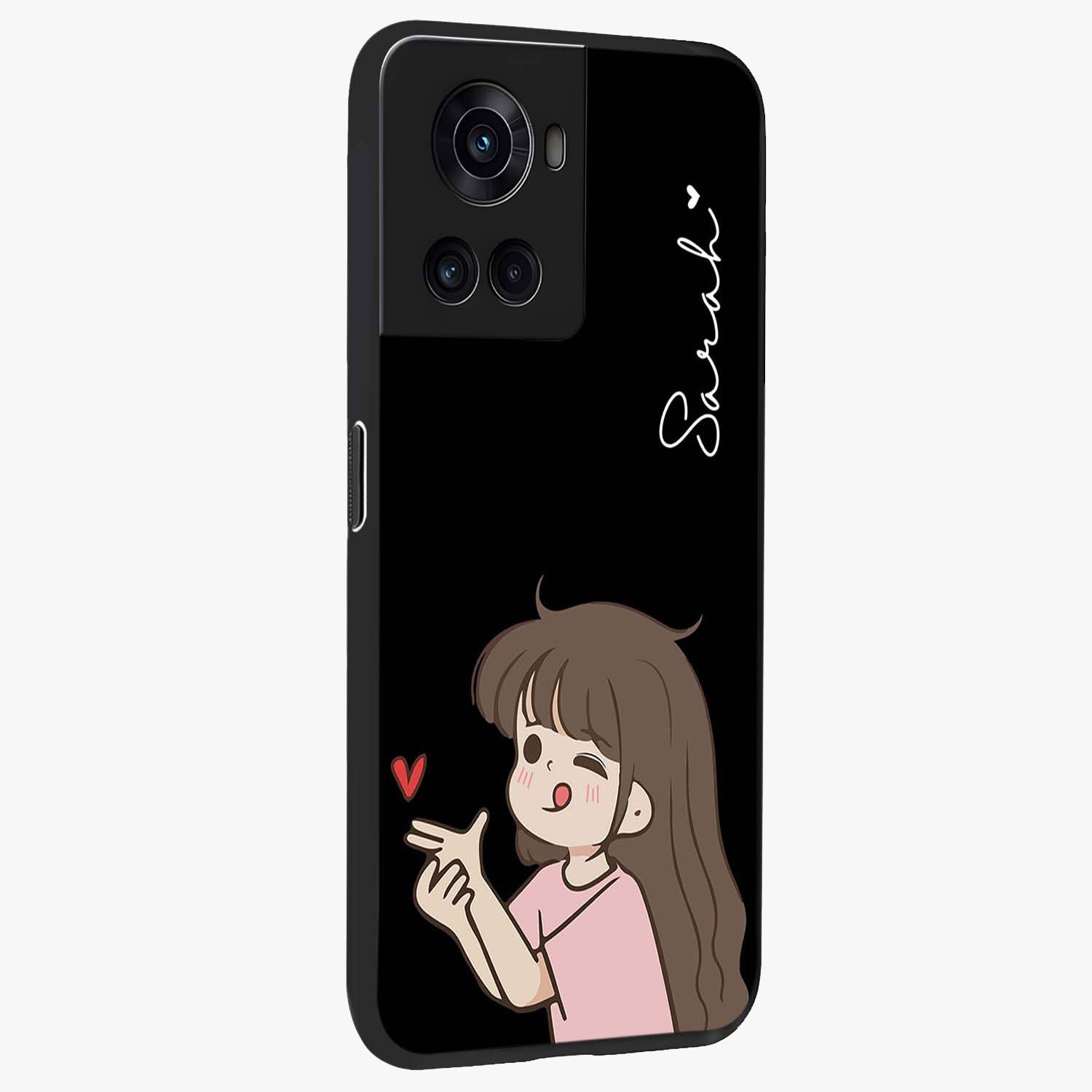 Cute Girl Firing Heart Glass Case for 1+10R side perspective highlighting playful design elements and sleek build