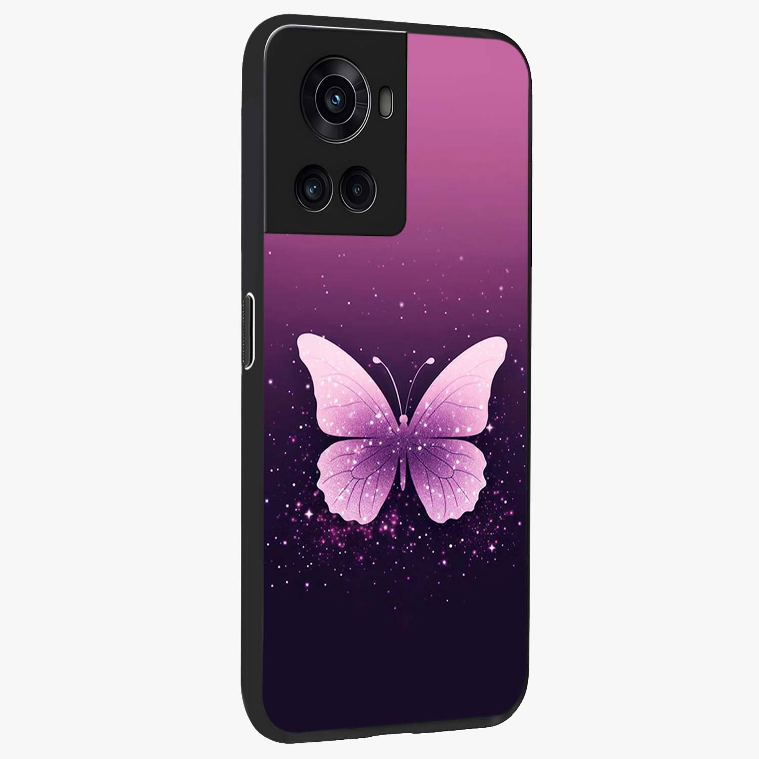 Cute Starry Butterfly Glass Case for 1+10R side perspective highlighting glowing star details and sleek edge finish