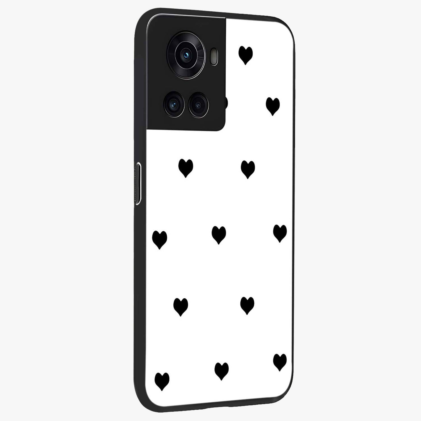Cute Simple black Hearts Glass Case for 1+10R side perspective highlighting dramatic contrast and premium build