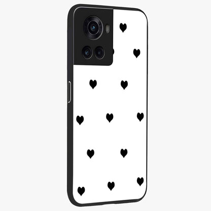 Cute Simple black Hearts Glass Case for 1+10R side perspective highlighting dramatic contrast and premium build